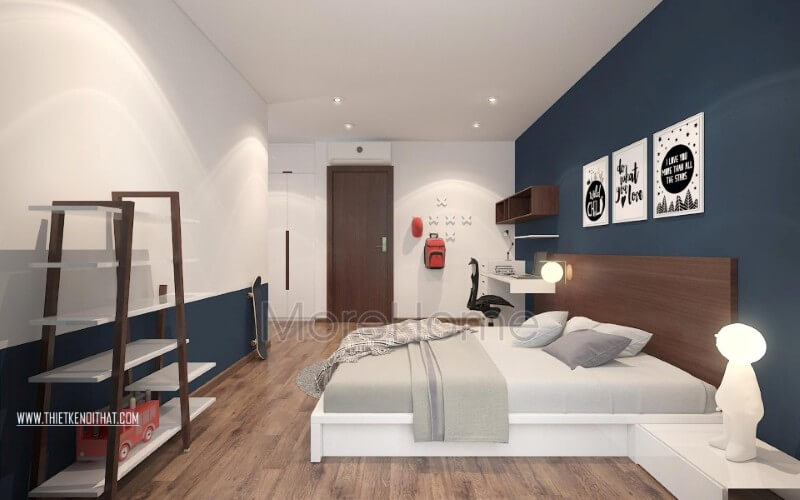 Mẫu phòng ngủ đẹp cho con trai được thiết kế với tone trắng làm chủ đạo, giúp tạo chiều sâu cho không gian, tạo hiệu ứng thị giác khiến căn phòng có vẻ rộng hơn so với diện tích thực thiết kế nội thất chung cư