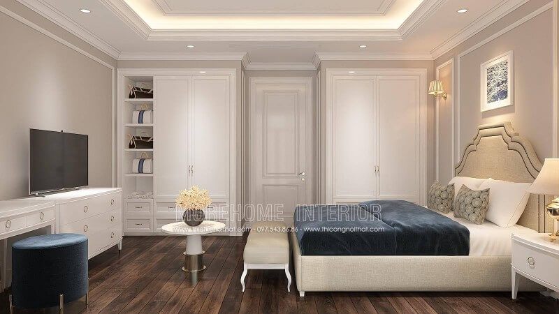 Thiết kế nội thất phòng ngủ sang trọng với tông màu trắng tại nhà phố An Hưng Hà Đông