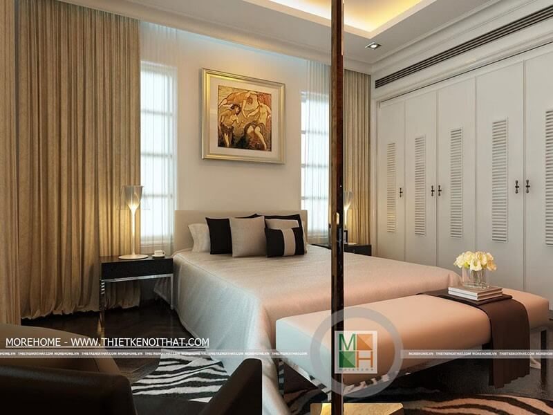 Mẫu tủ quần áo với thiết kế âm tường màu trắng sữa giúp cải thiện được diện tích trong căn phòng