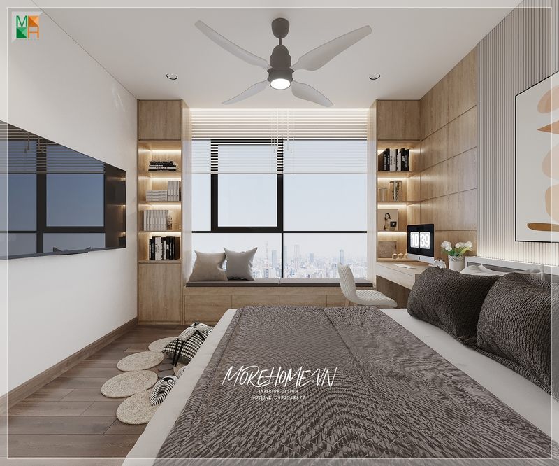 Bàn làm việc treo tường của loại gỗ công nghiệp màu trắng hiện đại giúp tạo ra một môi trường sử dụng riêng tư thoải mái.